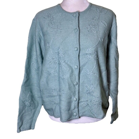 Karen Scott Women Pure Wool Green Floral Embroidered Cardigan Cottagecore XL NWT - Picture 1 of 10